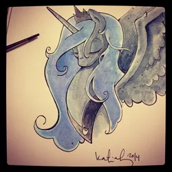 Size: 640x640 | Tagged: artist:katiecandraw, derpibooru import, eyes closed, princess luna, safe, solo, traditional art, watercolor painting