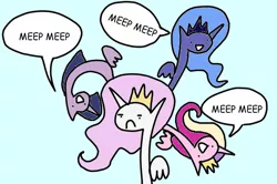 Size: 600x398 | Tagged: safe, artist:wollap, derpibooru import, princess cadance, princess celestia, princess luna, twilight sparkle, twilight sparkle (alicorn), alicorn, pony, alicorn tetrarchy, alicorns everywhere, blue background, comic, frown, meep, meep meep, pink-mane celestia, simple background, wat