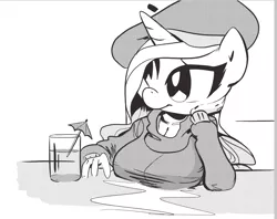 Size: 1213x960 | Tagged: anthro, artist:tess, beatnik rarity, big breasts, black and white, breast rest, breasts, busty rarity, clothes, derpibooru import, female, glass, grayscale, hat, leaning, monochrome, rarity, safe, smiling, solo, sweater, umbrella drink