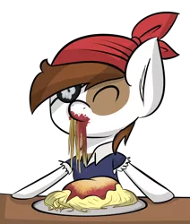 Size: 2200x2600 | Tagged: safe, artist:fa-brony, derpibooru import, pipsqueak, earth pony, pony, clothes, colt, costume, disguise, eyepatch, foal, happy, pipsqueak eating spaghetti, solo, spaghetti