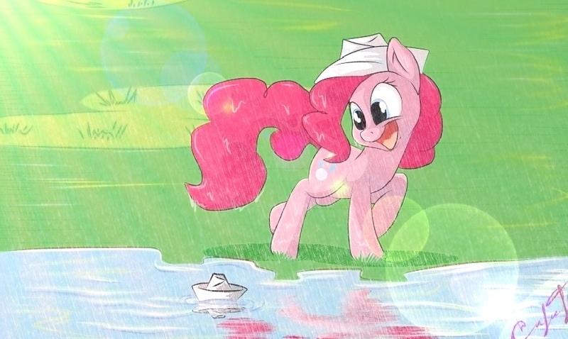 Size: 874x522 | Tagged: artist:s4vin, derpibooru import, happy, hat, jullie, paper boat, paper hat, pinkie pie, rain, reusel-de mierden, safe, solo, water