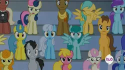 Size: 1451x812 | Tagged: safe, derpibooru import, screencap, bon bon, caramel, carrot top, cherry berry, golden harvest, lemon hearts, linky, lucky clover, minuette, shoeshine, spring melody, sprinkle medley, sunshower raindrops, sweetie drops, twinkleshine, earth pony, pegasus, pony, unicorn, equestria games (episode), background pony, background pony audience, bleachers, bon bon is not amused, covering eyes, equestria games, facehoof, female, frown, hub logo, male, mare, stallion