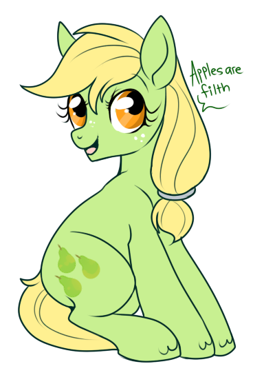 Size: 400x544 | Tagged: applejack, artist:lulubell, blasphemy, derpibooru import, evil twin, fruit heresy, heresy, hilarious in hindsight, looking up, open mouth, pear, pearjack, safe, simple background, sitting, smiling, solo, white background