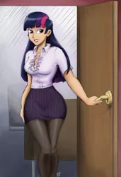 Size: 2407x3524 | Tagged: artist:king-kakapo, artist:kinkypinkie, breasts, busty twilight sparkle, clothes, colored, derpibooru import, door, female, human, humanized, office, pantyhose, safe, secretary, skirt, solo, twilight sparkle, wide hips