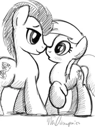 Size: 1500x2000 | Tagged: safe, artist:drawponies, derpibooru import, derpy hooves, doctor whooves, time turner, pegasus, pony, bedroom eyes, blushing, boop, cute, doctorderpy, eye contact, female, male, mare, monochrome, noseboop, nuzzling, raised hoof, shipping, smiling, straight, wingless