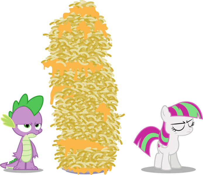 Size: 1136x982 | Tagged: age regression, artist:punzil504, blossomforth, courage the cowardly dog, fanfic art, filly, filly blossomforth, macaroni and cheese, parody, safe, simple background, spike, transparent background, vector