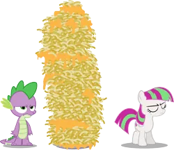 Size: 1136x982 | Tagged: age regression, artist:punzil504, blossomforth, courage the cowardly dog, fanfic art, filly, filly blossomforth, macaroni and cheese, parody, safe, simple background, spike, transparent background, vector