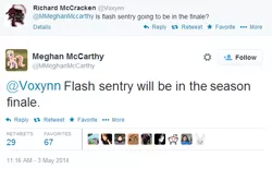 Size: 592x368 | Tagged: background pony strikes again, drama bait, fake, flash sentry, irony, meghan mccarthy, safe, text, truth, twitter