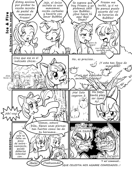 Size: 786x1016 | Tagged: apple bloom, artist:taekwon-magic, comic, derpibooru import, monochrome, oc, oc:bubbles bath, oc:frozen rose, oc:sweet steps, oc:taekwon magic, safe, spanish