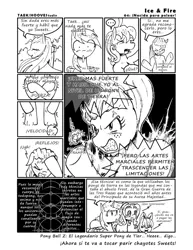 Size: 786x1016 | Tagged: apple, apple bloom, artist:taekwon-magic, catfight, comic, derpibooru import, monochrome, oc, oc:bubbles bath, oc:frozen rose, oc:sweet steps, oc:taekwon magic, safe