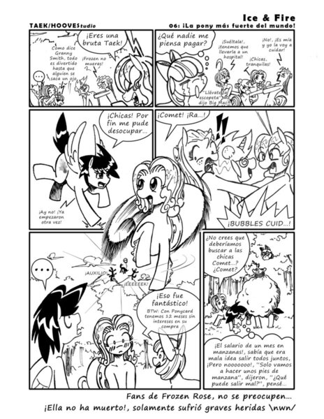 Size: 786x1016 | Tagged: apple bloom, artist:taekwon-magic, comic, derpibooru import, fight, monochrome, oc, oc:bubbles bath, oc:comet spark, oc:frozen rose, oc:sweet steps, oc:taekwon magic, safe