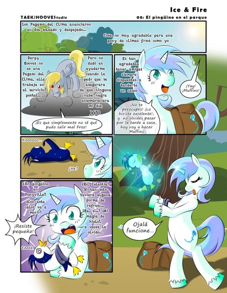 Size: 786x1015 | Tagged: safe, artist:taekwon-magic, derpibooru import, derpy hooves, oc, oc:frozen rose, pegasus, penguin, pony, comic, female, mare, spanish