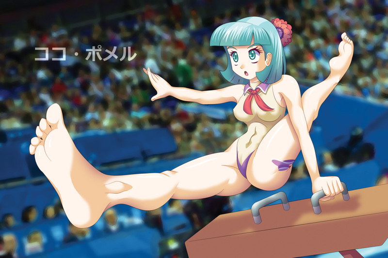 Size: 1688x1125 | Tagged: adorasexy, artist:agu-fungus, barefoot, breasts, coco pommel, crowd, cute, feet, female, flexible, frontbend, gymnastics, human, humanized, japanese, leotard, martial arts, pommel horse, pun, sexy, soles, solo, solo female, suggestive, toes