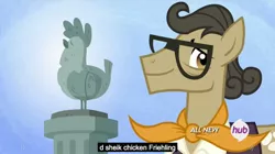 Size: 1280x719 | Tagged: safe, derpibooru import, edit, edited screencap, screencap, chicken stand pony, match game, pony, trade ya, antique chicken, hub logo, meme, solo, youtube caption