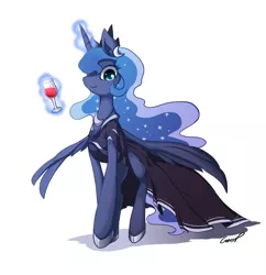 Size: 1299x1340 | Tagged: artist:grasspainter, clothes, derpibooru import, dress, looking at you, magic, princess luna, safe, solo, wine, wine glass