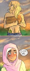 Size: 581x1364 | Tagged: safe, artist:chaotikproductions, derpibooru import, big macintosh, fluttershy, human, adonis belt, blushing, clothes, comic, eyes on the prize, female, fluttermac, hijab, humanized, islam, islamashy, male, shipping, straight, surprised, sweat, topless, working