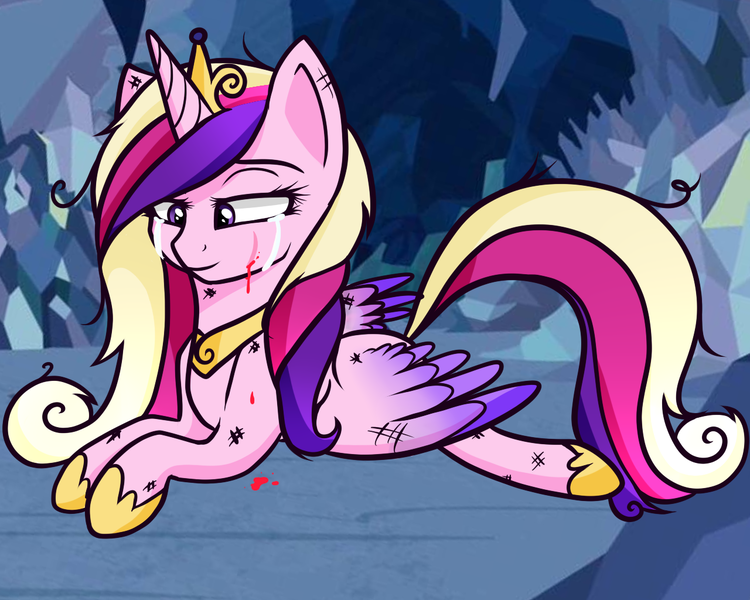 Size: 1280x1024 | Tagged: a canterlot wedding, artist:potatogirlivy, blood, crying, derpibooru import, injured, princess cadance, safe, solo