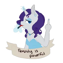 Size: 500x500 | Tagged: safe, artist:superdeathsquad, derpibooru import, rarity, anthro, aside glance, clothes, dress, earring, eyeshadow, female, feminism, feminist, feminist ponies, image, lidded eyes, lipstick, looking at you, magic, middle finger, misspelling, mouthpiece, nail polish, necklace, old banner, piercing, png, sideways glance, simple background, smiling, solo, subversive kawaii, telekinesis, transparent background, vulgar