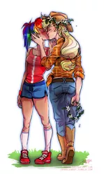 Size: 1078x1810 | Tagged: safe, artist:ddhew, derpibooru import, applejack, rainbow dash, human, appledash, clothes, female, floral head wreath, flower, humanized, jeans, kissing, lesbian, shipping, wristband