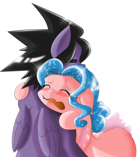 Size: 837x955 | Tagged: safe, artist:boastudio, artist:taekwon-magic, derpibooru import, oc, oc:bubbles bath, oc:comet spark, unofficial characters only, pegasus, pony, sea pony, blushing, eyes closed, floppy ears, hug, open mouth