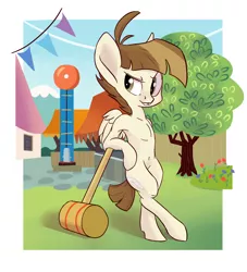 Size: 1000x1100 | Tagged: safe, artist:postscripting, derpibooru import, featherweight, pony, bell, belly button, bipedal, fair, mallet, solo, tree