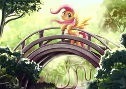 Size: 1000x707 | Tagged: safe, artist:yulyeen, derpibooru import, fluttershy, pegasus, pony, bridge, forest, golden gate park, kallisti, scenery, solo, windswept mane