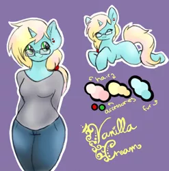 Size: 604x611 | Tagged: safe, artist:bunnycat, derpibooru import, oc, unofficial characters only, anthro, unicorn, adoptable, clothes, eyes closed, glasses, looking at you, ponytail, smiling