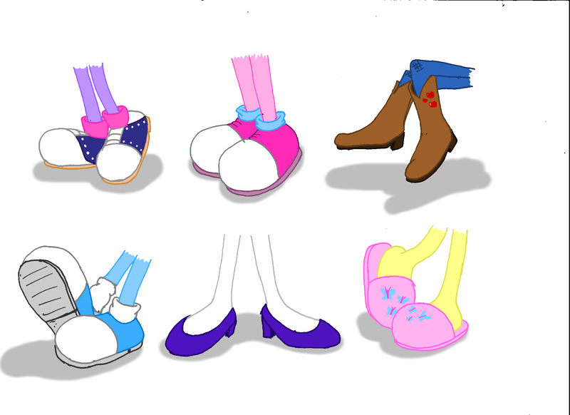 Size: 2338x1700 | Tagged: safe, artist:toonboy1029, derpibooru import, applejack, fluttershy, pinkie pie, rainbow dash, rarity, twilight sparkle, equestria girls, boots, clothes, cowboy boots, feet, high heels, legs, mane six, pictures of legs, saddle shoes, shoes, slippers, sneakers