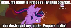 Size: 1085x428 | Tagged: safe, derpibooru import, edit, edited screencap, screencap, twilight sparkle, twilight sparkle (alicorn), alicorn, pony, twilight's kingdom, book, female, hello, hub logo, image macro, inigo montoya, mare, meme, movie reference, my name is inigo montoya, prepare to die, solo, super saiyan princess, the princess bride, you killed my father