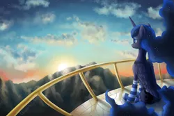Size: 3000x2000 | Tagged: safe, artist:chickentech, derpibooru import, princess luna, alicorn, absurd resolution, balcony, clothes, cloud, crying, ethereal mane, female, folded wings, mountain, scenery, sitting, socks, solo, striped socks, sunlight, sunrise, teary eyes, wings