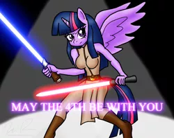 Size: 1576x1256 | Tagged: anthro, artist:sonigoku, breasts, busty twilight sparkle, cosplay, crossover, derpibooru import, female, jedi, lightsaber, may the fourth be with you, pun, safe, solo, star wars, twilight sparkle, twilight sparkle (alicorn)