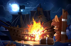 Size: 1280x825 | Tagged: artist:lifeloser, barrel, beaker, derpibooru import, explosion, oc, pirate ship, safe, sails, ship, solo, unofficial characters only