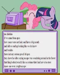 Size: 600x750 | Tagged: answerbag, ape, controversial, creationism, derpibooru import, exploitable meme, facehoof, fundies say the darndest things, laughing, meme, mixed reactions, obligatory pony, pinkie pie, religion, safe, stupidity, text, tv meme, twilight sparkle