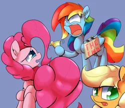 Size: 1280x1109 | Tagged: safe, artist:madacon, derpibooru import, applejack, pinkie pie, rainbow dash, earth pony, pegasus, pony, bell, bells, blue background, crazy face, doomsayer, female, frown, hoof hold, mare, nose wrinkle, open mouth, raised hoof, sandwich board, screaming, shrunken pupils, sign, simple background, wide eyes, worried