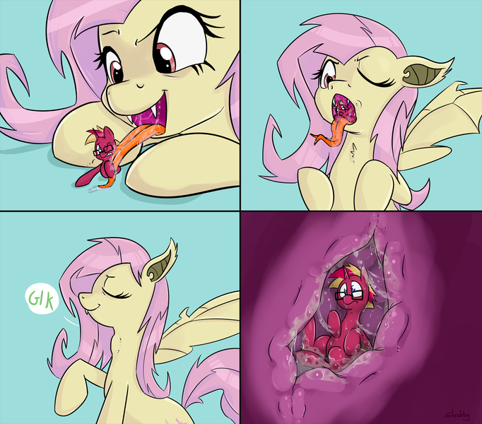 Size: 1500x1320 | Tagged: questionable, artist:shrabby, derpibooru import, fluttershy, oc, bat pony, comic, eyes closed, fangs, fetish, flutterbat, flutterpred, forked tongue, internal, micro, spread wings, stomach acid, swallowing, throat bulge, tongue out, vore, vorepire, wings