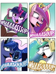 Size: 800x1050 | Tagged: safe, artist:johnjoseco, derpibooru import, princess cadance, princess celestia, princess luna, twilight sparkle, twilight sparkle (alicorn), alicorn, pony, alicorn tetrarchy, budweiser, dialogue, female, iphone, kallisti, magic, mare, mobile phone, phone, scream (movie), smiling, text, tongue out, wassup