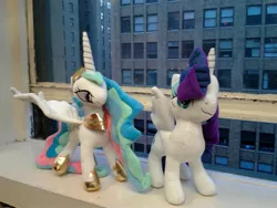 Size: 2560x1920 | Tagged: safe, artist:onlyfactory, derpibooru import, princess celestia, rarity, alicorn, pony, bootleg, irl, photo, plushie, race swap, raricorn