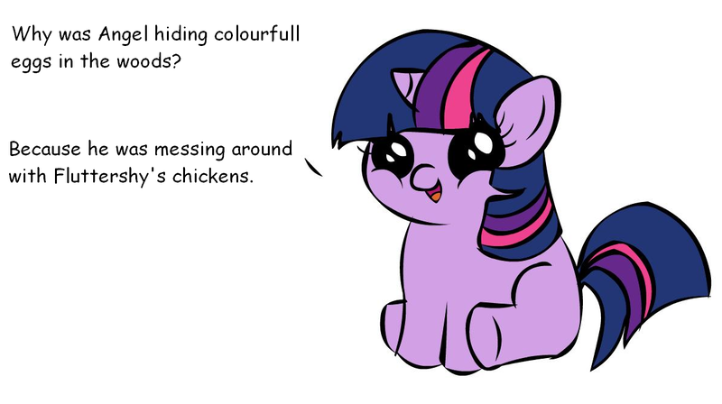 Size: 1194x668 | Tagged: angel bunny, derpibooru import, easter bunny, easter egg, exploitable meme, filly, filly twilight sparkle, filly twilight telling an offensive joke, joke, meme, obligatory pony, safe, solo, text, twilight sparkle