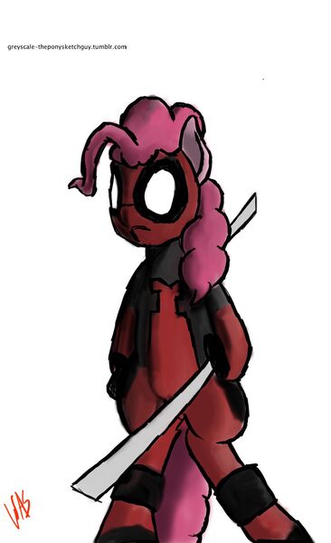 Size: 996x1631 | Tagged: artist:greyscaleart, deadpool, derpibooru import, pinkie pie, safe, solo