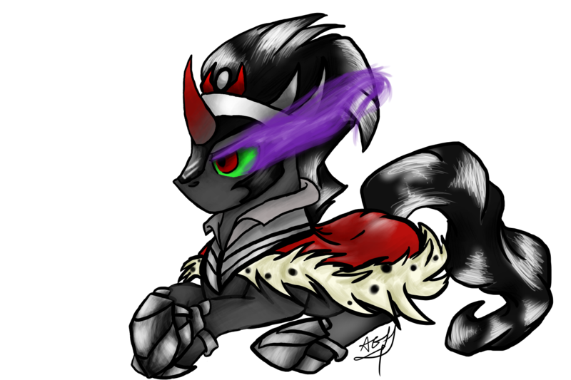 Size: 1500x1000 | Tagged: armor, artist:tiny hooves, dark magic, dead source, derpibooru import, king sombra, magic, prone, safe, signature, simple background, solo, sombra eyes, transparent background