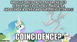 Size: 480x265 | Tagged: bible, bible verse, book of revelation, caption, derpibooru import, discord, edit, edited screencap, hub logo, image macro, imgflip, keep calm and flutter on, meme, princess celestia, religion, royal guard, safe, screencap, statue, text, verse