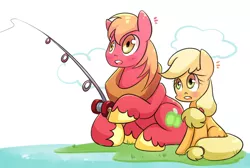 Size: 1600x1078 | Tagged: safe, artist:joycall6, derpibooru import, applejack, big macintosh, earth pony, pony, fishing, fishing rod, male, stallion