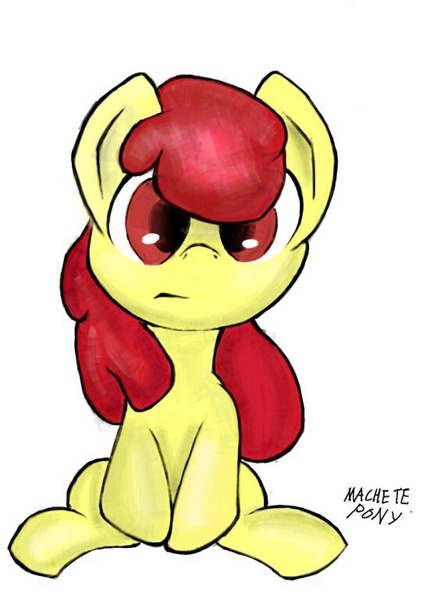 Size: 574x768 | Tagged: safe, artist:macheteponies, derpibooru import, apple bloom, confused, looking at you, missing accessory, solo