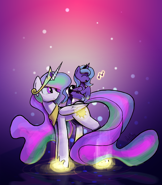 Size: 3000x3433 | Tagged: artist:darkflame75, cute, dancing, derpibooru import, filly, glow, happy, kallisti, looking back, lunadoodle, magic, princess celestia, princess luna, safe, singing, smiling, walking on sunshine, woona