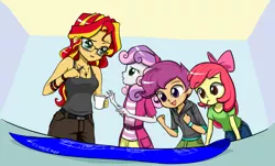 Size: 1207x731 | Tagged: safe, artist:twilite-sparkleplz, derpibooru import, apple bloom, scootaloo, sunset shimmer, sweetie belle, equestria girls, adorabloom, alternate costumes, bags under eyes, blueprint, bow, clothes, cup, cute, cutealoo, cutie mark crusaders, diasweetes, excited, female, glasses, hair bow, jacket, mouth hold, mug, open mouth, pants, pen, raised eyebrow, shimmerbetes, shirt, skirt, smiling, tanktop, wristband
