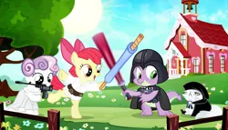 Size: 1600x916 | Tagged: safe, artist:pixelkitties, derpibooru import, apple bloom, opalescence, spike, sweetie belle, adorabloom, clothes, costume, crossover, cute, darth sidious, darth vader, diasweetes, emperor palpatine, jedi, leia skywalker, luke skywalker, mouth hold, nom, ponyville schoolhouse, princess leia, sith, spikabetes, star wars