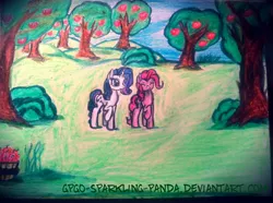 Size: 2312x1719 | Tagged: safe, artist:gpgo-sparkling-panda, derpibooru import, pinkie pie, rarity, earth pony, pony, unicorn, apple orchard, camera, traditional art