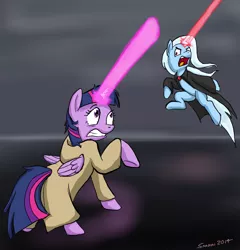 Size: 1472x1536 | Tagged: safe, artist:snapai, derpibooru import, trixie, twilight sparkle, twilight sparkle (alicorn), alicorn, pony, female, hornsaber, jedi, kallisti, lightsaber, mare, sith, star wars