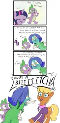 Size: 610x1255 | Tagged: safe, artist:furseiseki, derpibooru import, ms. harshwhinny, spike, twilight sparkle, twilight sparkle (alicorn), oc, alicorn, dragon, gryphon, pony, equestria games (episode), comic, eyes closed, female, frown, mare, open mouth, pointing, smiling, swearing, taski, vulgar, wide eyes, yelling