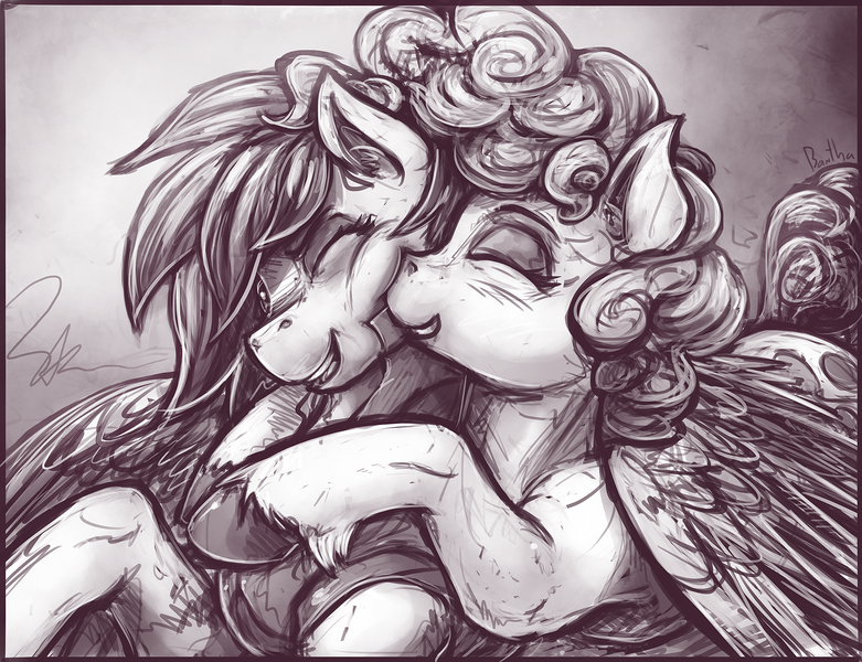 Size: 1680x1291 | Tagged: safe, artist:bantha, derpibooru import, pinkie pie, rainbow dash, female, grayscale, hug, lesbian, monochrome, nuzzling, pinkiedash, shipping, unshorn fetlocks